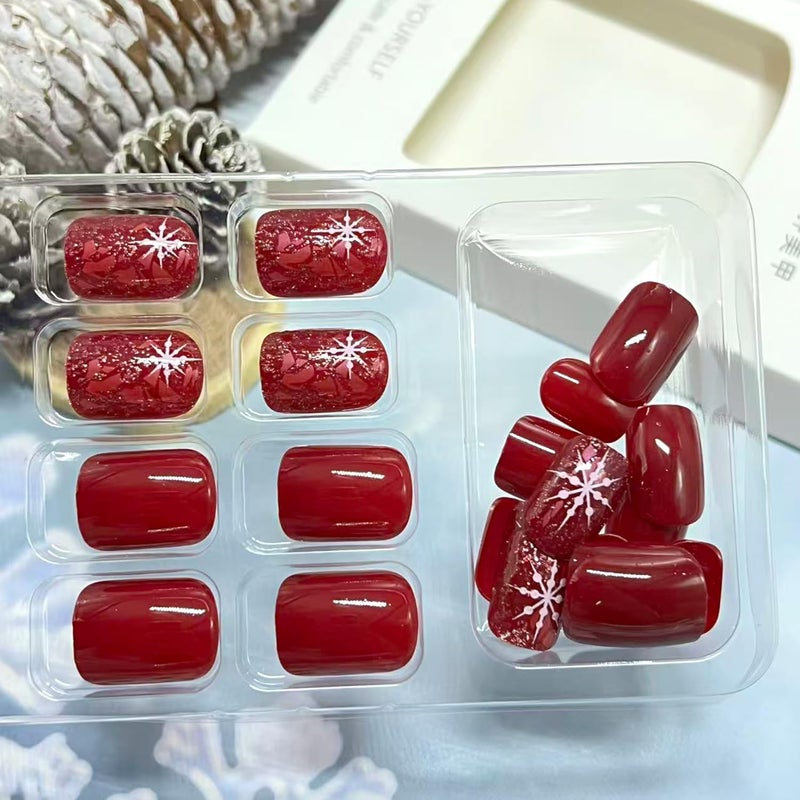 Vopintpy Red Christmas Press on Nails Short Square Winter Fake Nails Xmas Snowflake Acrylic False Nail Glossy Artificial Glue on Nail for Women DIY Manicure Decor - Image 3